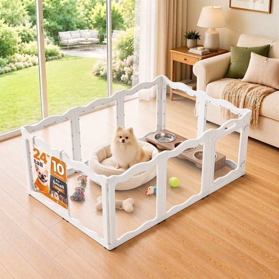 JFHID Clear Acrylic Dog Playpen Indoor for Small Dogs, Puppies & Cats, 24" H, 10 Panels, White