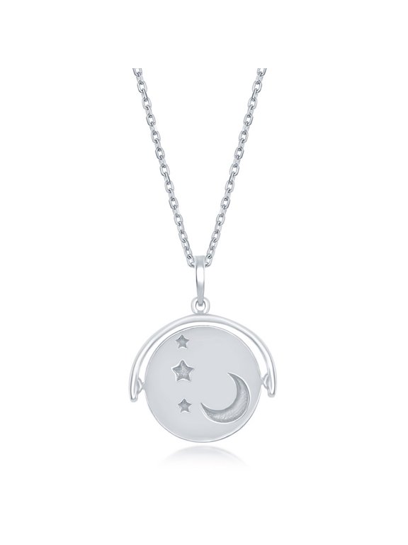 Sterling Silver Double Face Spinning Disc Moon with Star and Engraved Message Necklace