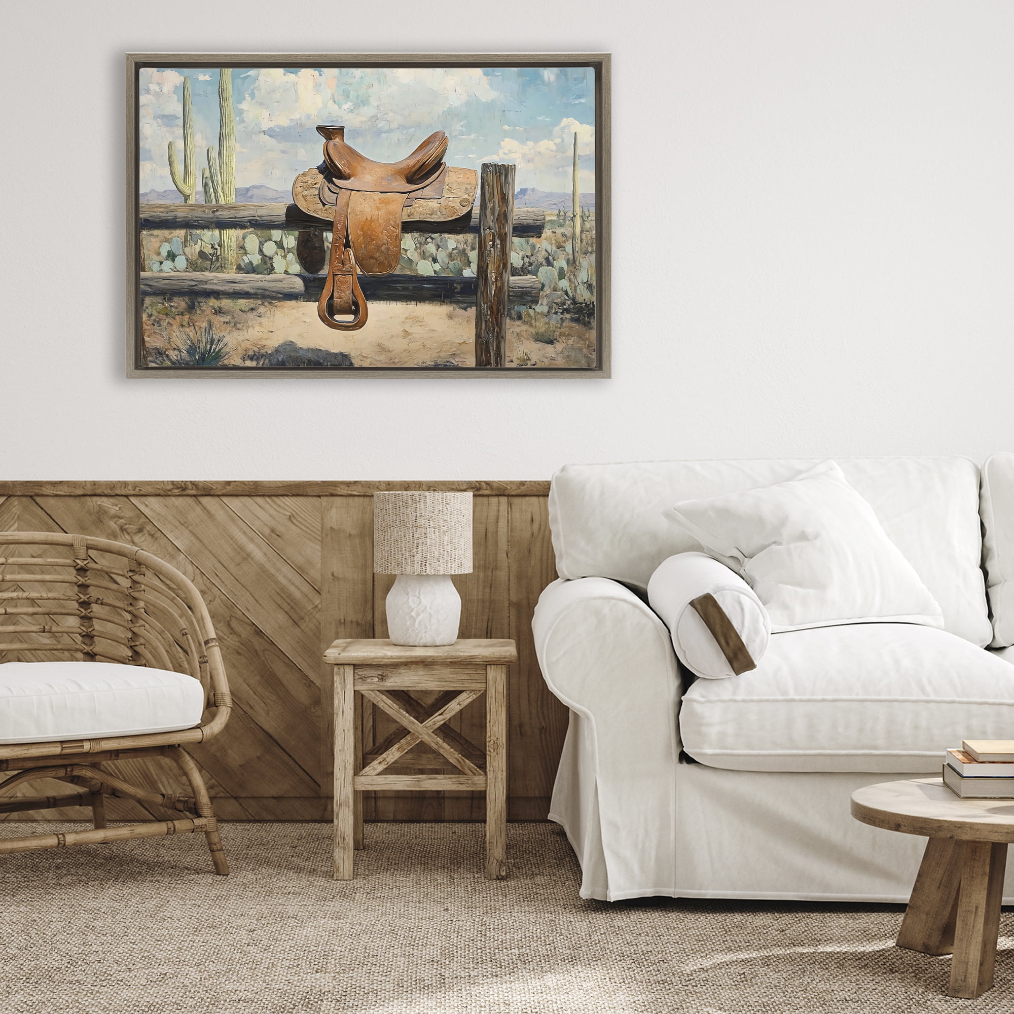 Stupell Industries Saddle on Desert Fence Brown Framed Floater Canvas Wall Art, design by Franklyn Gregory