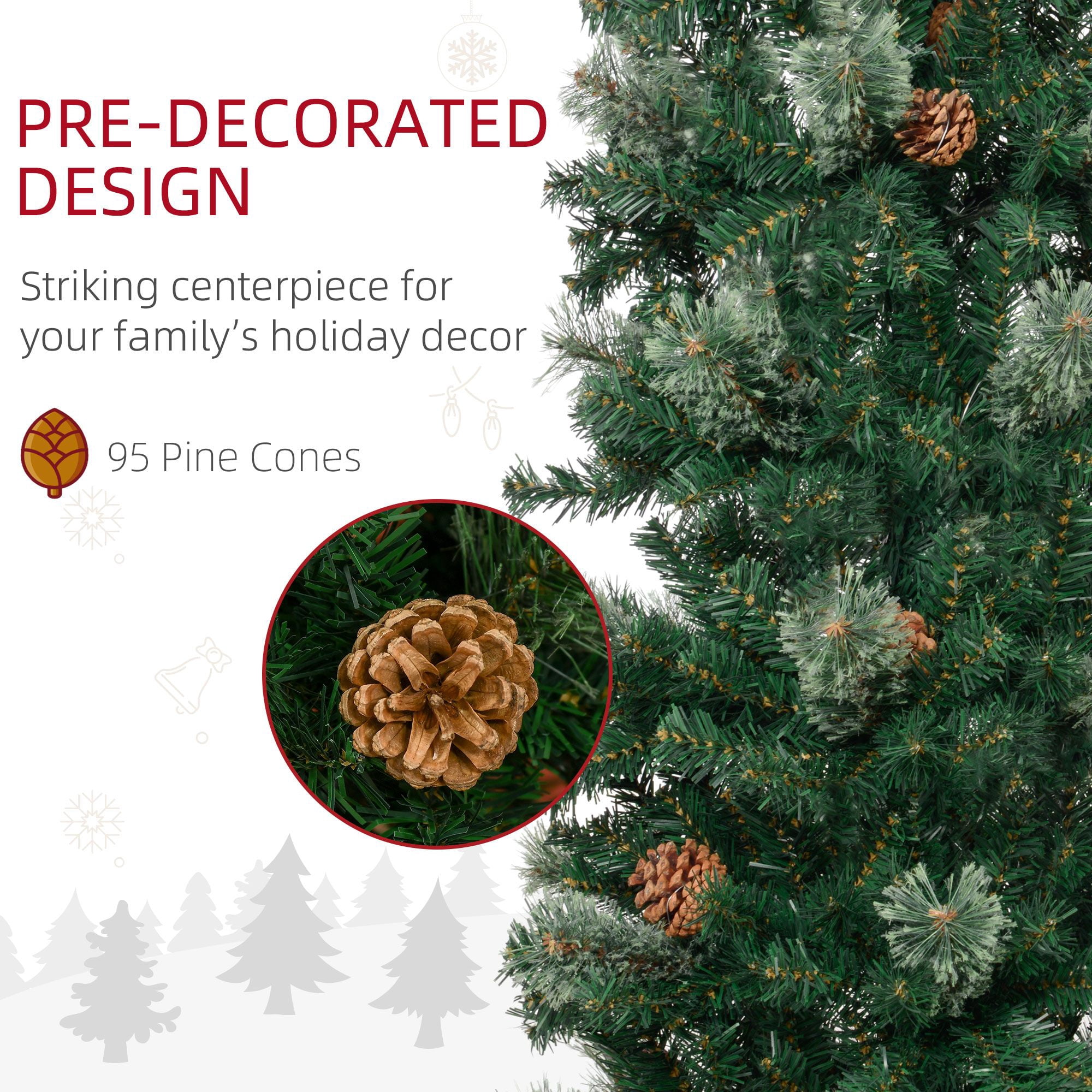 9.5 ft Pencil Christmas Tree, Slim Artificial Xmas Tree with Realistic Branches, Pine Cones and Metal Base, Unlit Holiday Decoration for Indoor Spaces
