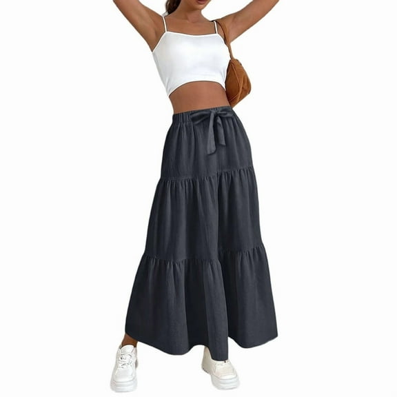Women High Waisted Flowy Tiered Linen Skirt Casual Pleated A-Line Beach Long Skirts with Tie Black M