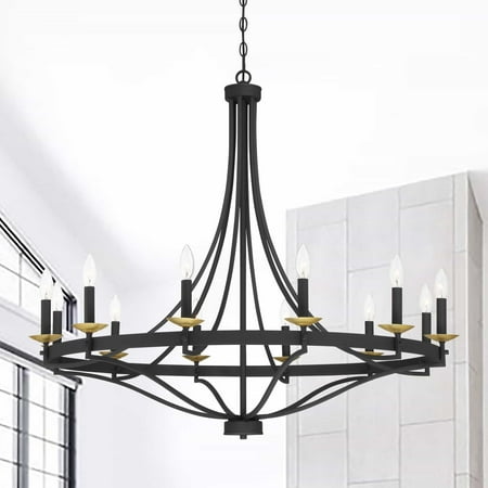 

ACROMA 12 Light 40In Modern Farmhouse Wagon Wheel Chandelier-UL - N/A Aged Zinc & Satin Brass