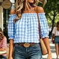 thumbnail image 5 of Setooff Womens Shirts, Gingham Off Shoulder Bubble Sleeve Shirts for Women, Elastic Ruffle Neck Loose Casual Summer Blouse, 5 of 7