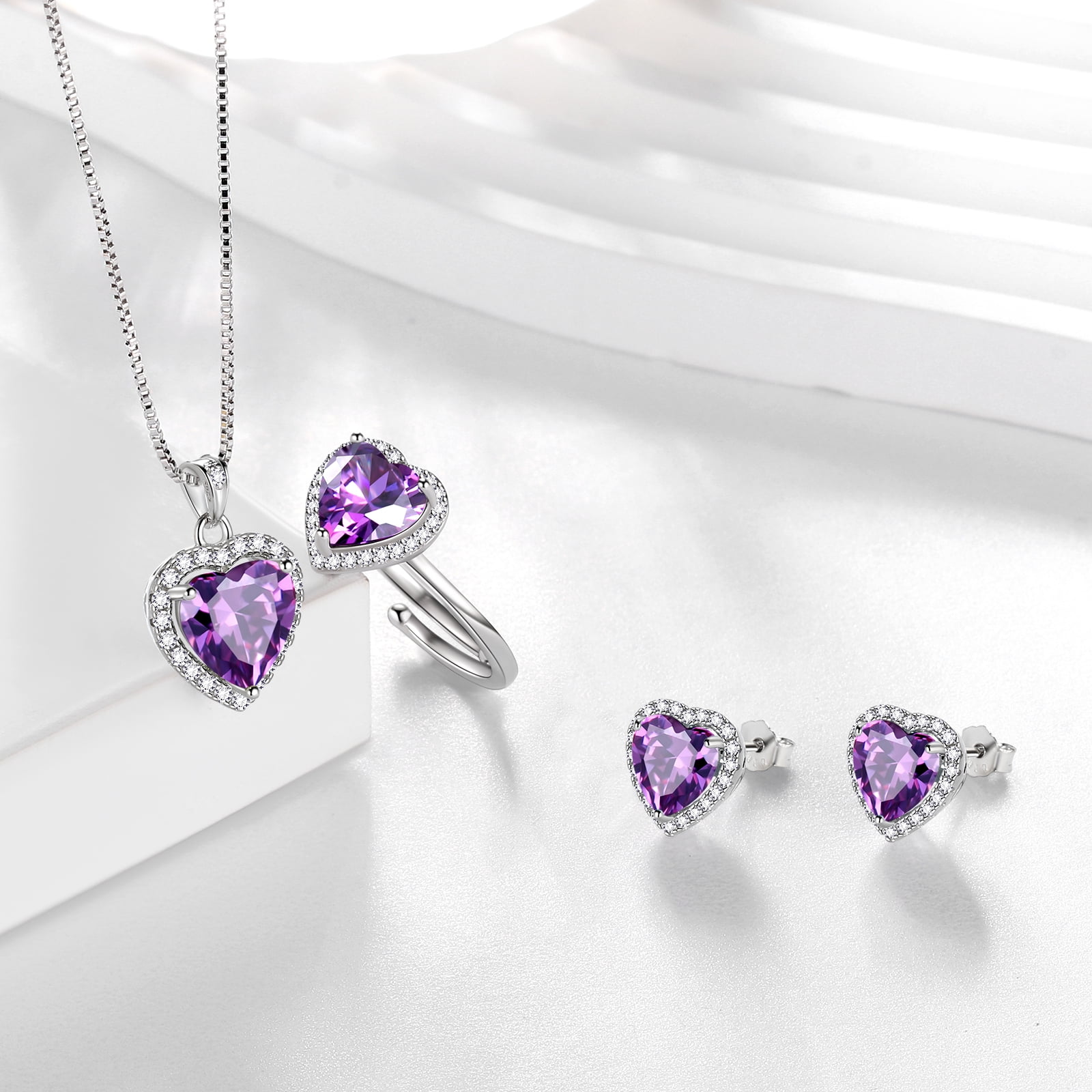 Juwaliy Women Heart Jewelry Set Necklace Earrings Ring 925 Sterling Silver February Birthstone Amethyst Wife Mother Birthday Valentine's Day Gift