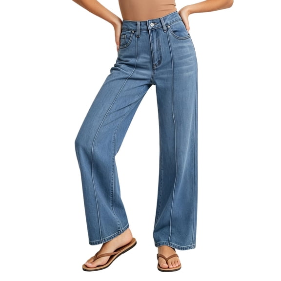 Tnhcen Women High Waisted Wide Leg Jeans Button Fly Washed Denim Pants with Contrast Stitching Baggy Trousers for Women Casual