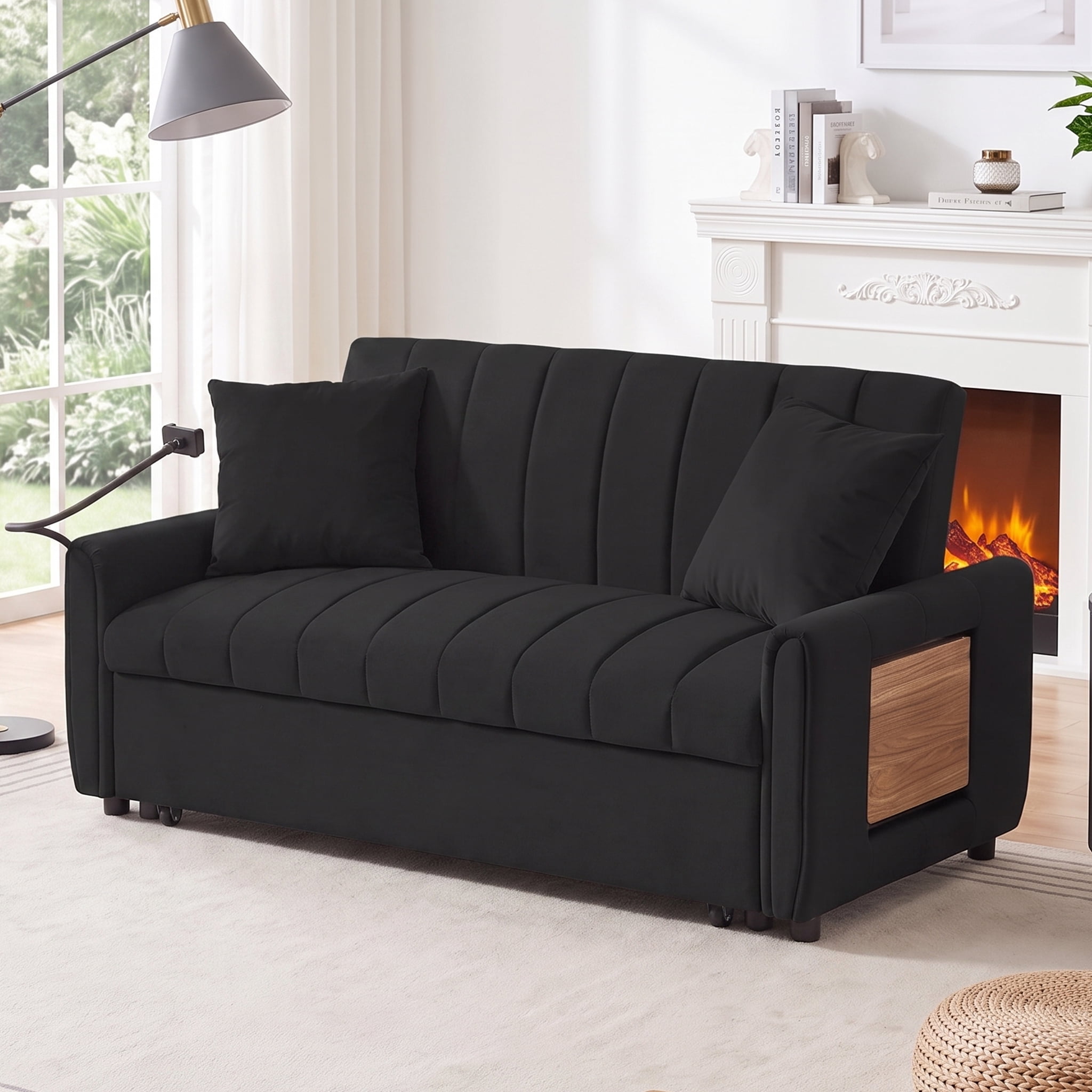 3‑in‑1 Convertible Sleeper Sofa Bed, Velvet Pull‑Out Loveseat Sofa with 3‑Level Adjustable Backrest, USB Charging Ports, Foldable Side Table & Phone Holder for Living Room Apartment, Black