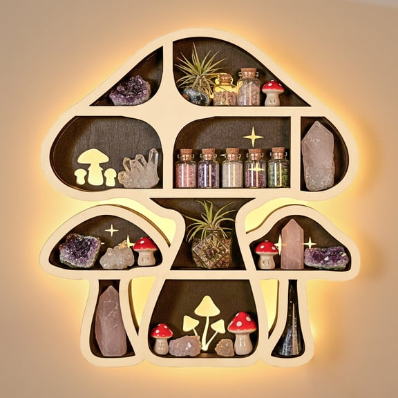 LED Mushroom Decor Cute Mushroom Floating Shelves, Crystal Shelf Display for Wall, Rock Gem Stone Storage Organizer, Trinkets Holder, Knick Knack Shelf, Mushroom Item, Unique Gift for Mushroom Lovers