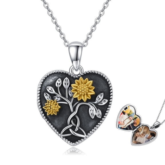 Coachuhhar Heart Sunflower Locket Necklace 925 Sterling Silver Celtic Locket That Hold 2 Pictures Necklace Sunflower Necklace Locket Jewelry Gift for Women