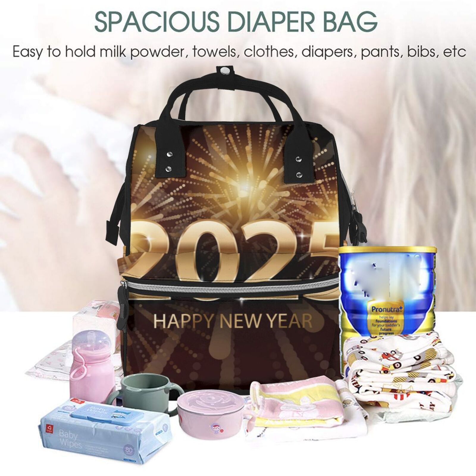 Fuzoiu Happy New Year 2025 B Print Diaper Bag Backpack,Baby Essentials Travel Tote,Multi function Waterproof Diaper Bag, Travel Essentials Baby Bag - Unisex