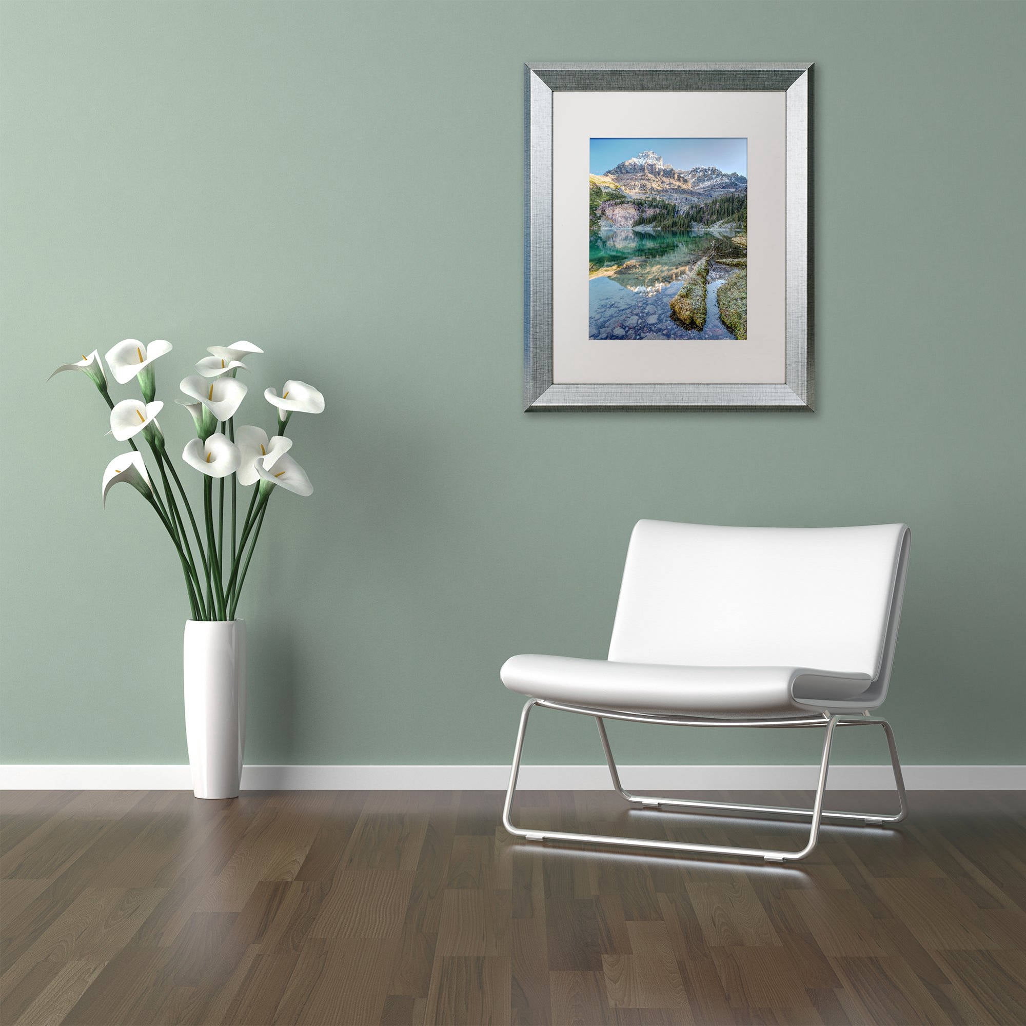 Lake O'Hara Scenic Shoreline' Canvas Art by Pierre Leclerc, White Matte, Silver Frame