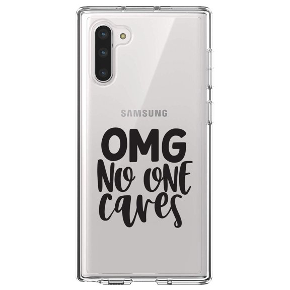 DistinctInk Clear Shockproof Hybrid Case for Samsung Galaxy Note 10 (6.3" Screen) - TPU Bumper Acrylic Back Tempered Glass Screen Protector - OMG No One Cares - Black