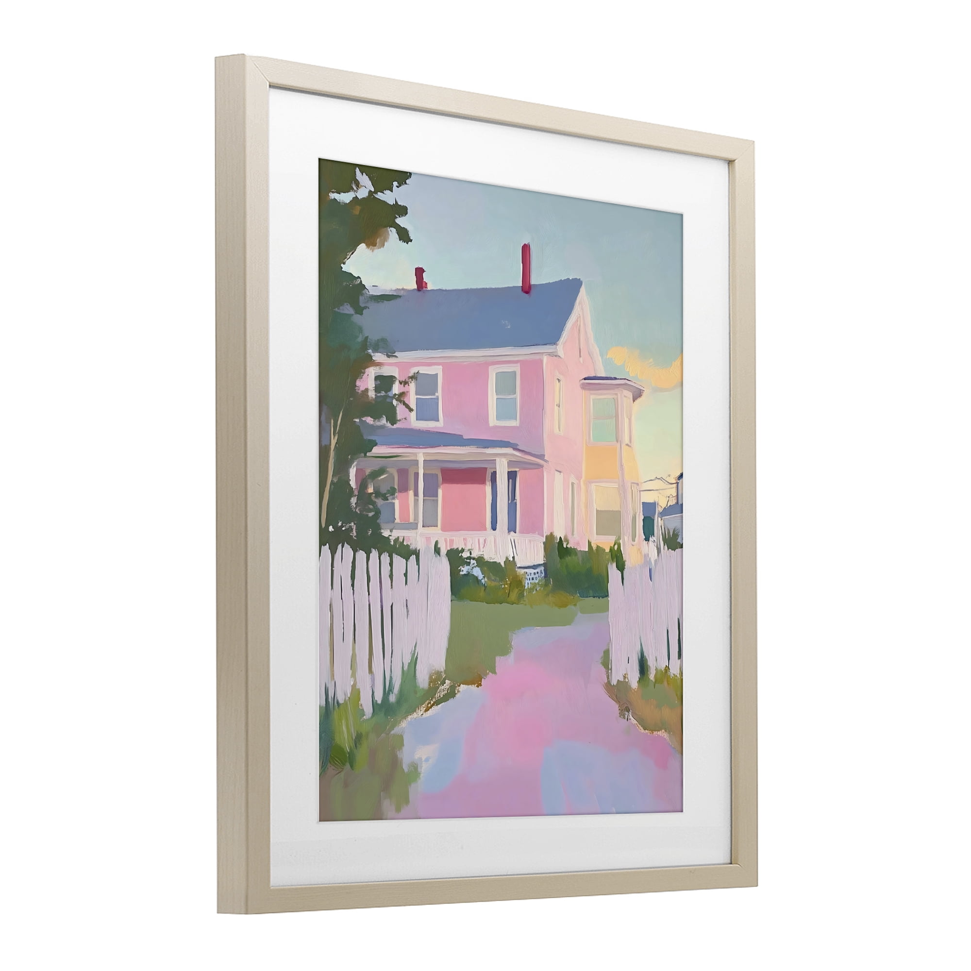 Stupell Industries Pastel Pink House with Fence Birch Framed Print Under Glass, design by The Prints Vibe
