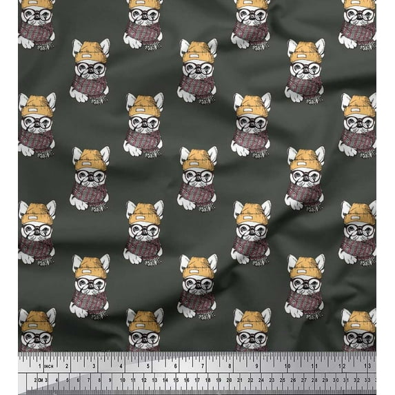 Soimoi Satin Silk Fabric Cap,Muffler & French Bull Dog Printed Craft Fabric by The Yard 42 Inch Wide