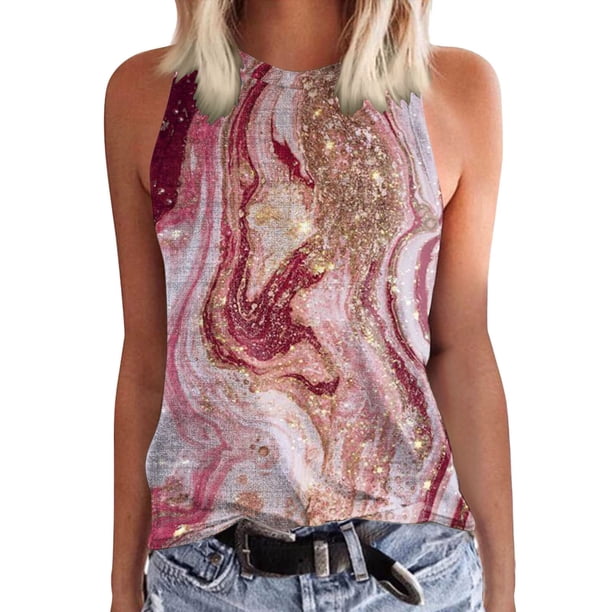 Prolriy Tops de verano para mujer 2024, camisetas sin mangas para mujer, camisetas de verano, blusas tipo túnica holgadas informales sin mangas con estampado, camisetas sin mangas para mujer,