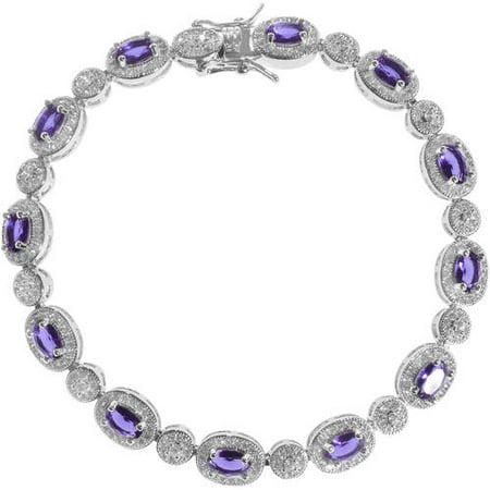 Brinley Co. Women's CZ Sterling Silver Oval Halo Link Bracelet, 8, Purple