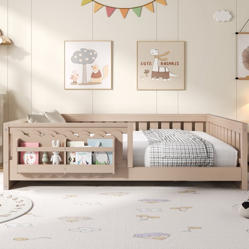 Mirightone Wood Full Size Floor Bed with Rails and Slats, Montessori Bed with Storage Shelves, Low Floor Bed Frame Full Size - Natural