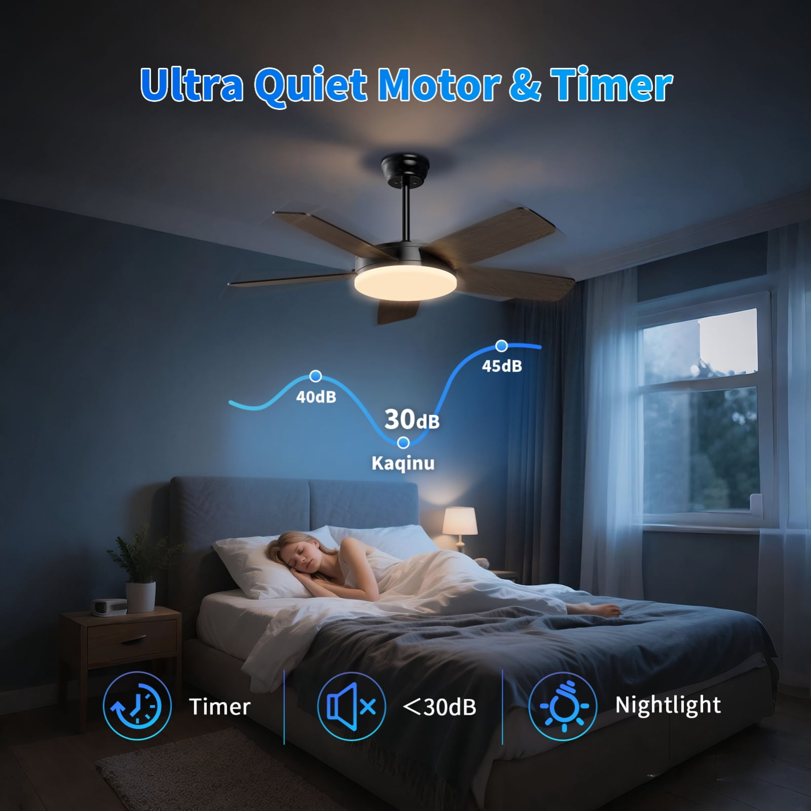Kaqinu Ceiling Fans with Lights and Remote & App Control,45 inch Modern Ceiling Fans,6 Speeds 3 Colors for Indoor Black
