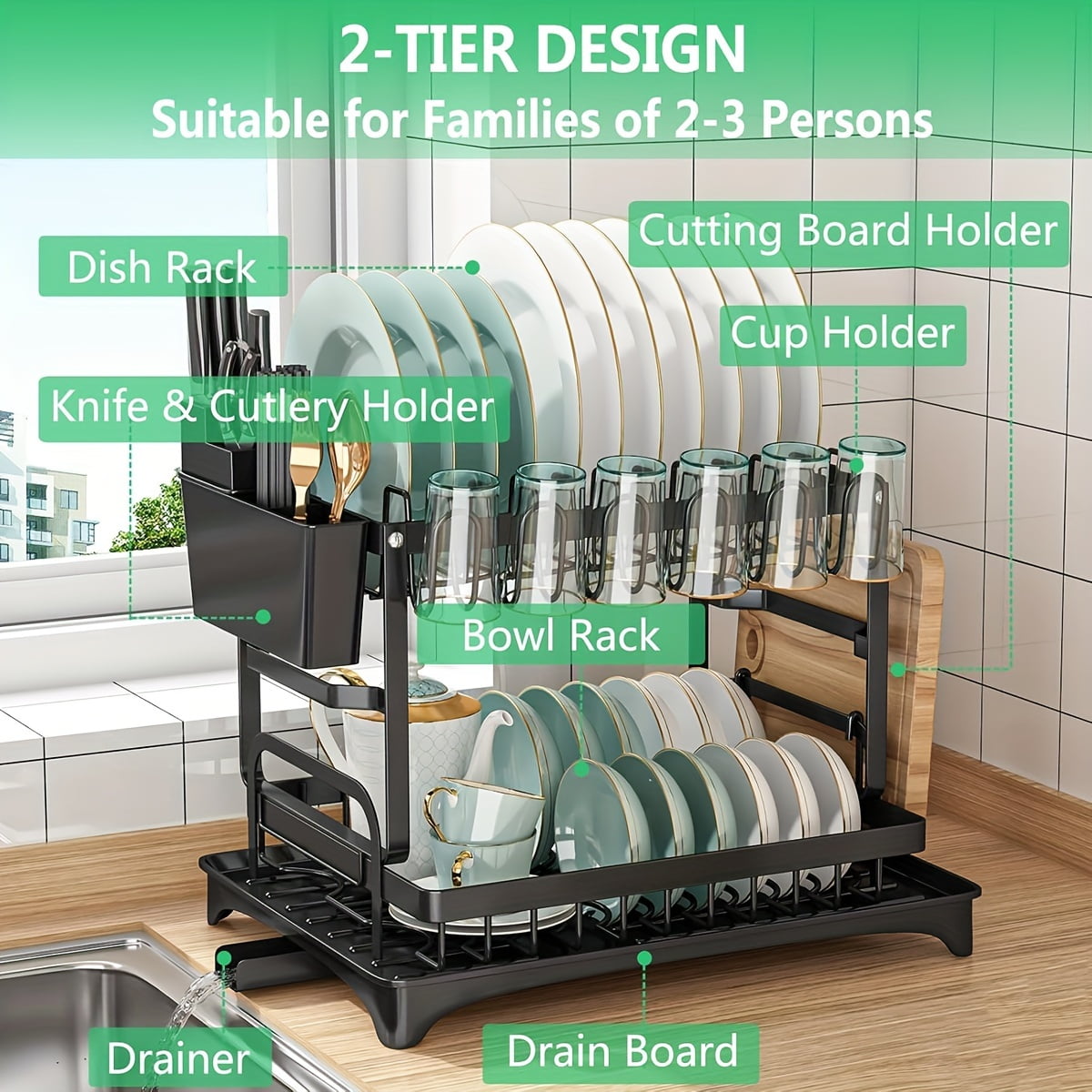 2 Tier Dish Drying Rack for Kitchen Counter, Black Metal Dish Drainer with Drainboard, Two-Level Kitchen Dish Holder Drainage
