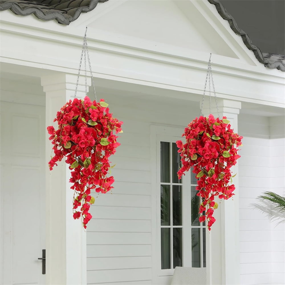 Duslogis 4 Pcs Artificial Hanging Flowers Plants for Outdoors Spring Summer Decoration, Fake Hibiscus Vines UV Resistance Realistic Silk Flowers for Outside Home Patio Porch Garden Wedding,Red