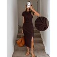 thumbnail image 6 of Brown Textured Waist Twist Short Sleeve Midi Dress With High Slit For Women, 6 of 6