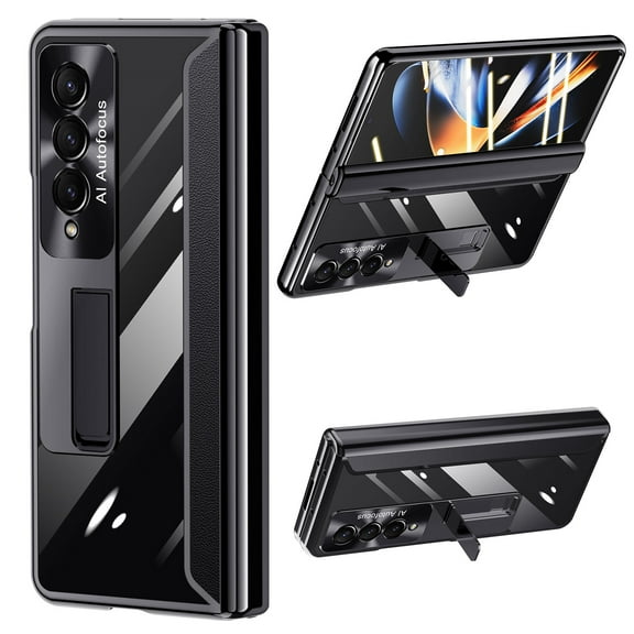 for Samsung Fold 4 Case, Transparent Electroplating Phone Case with Full Cover Hinge Protection, Clear Case with Built-in Screen Protector & Magnetic Kickstand for Galaxy Z Fold 4 5G - Black