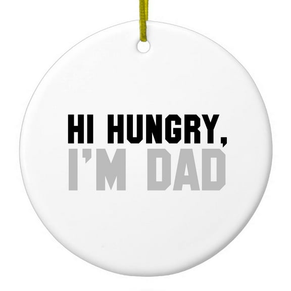 DistinctInk Hanging Ceramic Christmass Tree Ornament with Gold String - Great Gift / Present - 2 3/4 inch diameter - Hi Hungry, I'm Dad