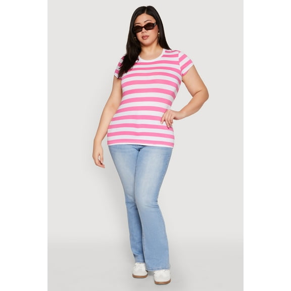 Womens Plus Size Striped Crew Neck Tee