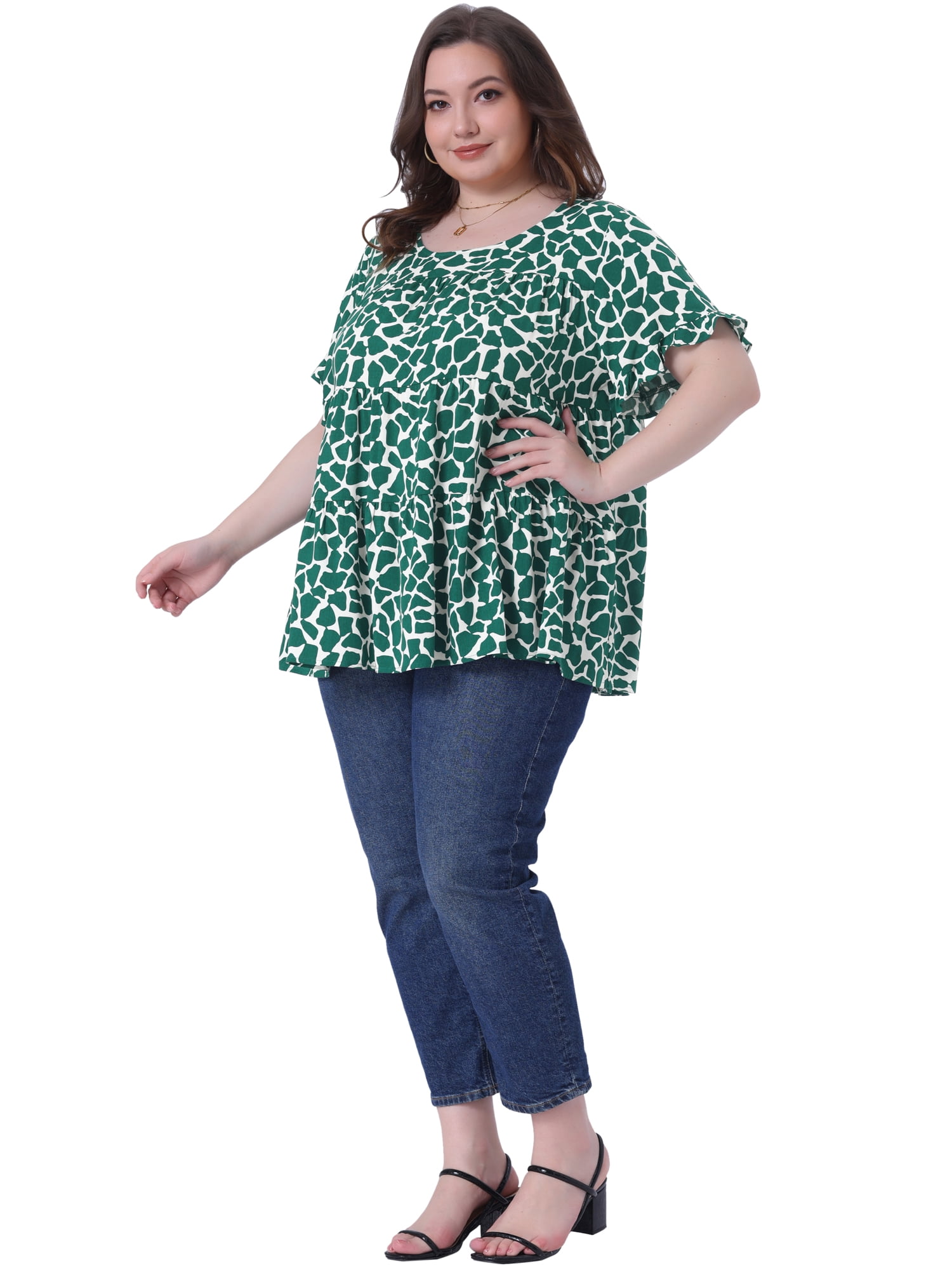 DARING DIVA Women's Plus Polka Dots Ruffle Sleeves Babydoll Tiered Blouse 4X White Green