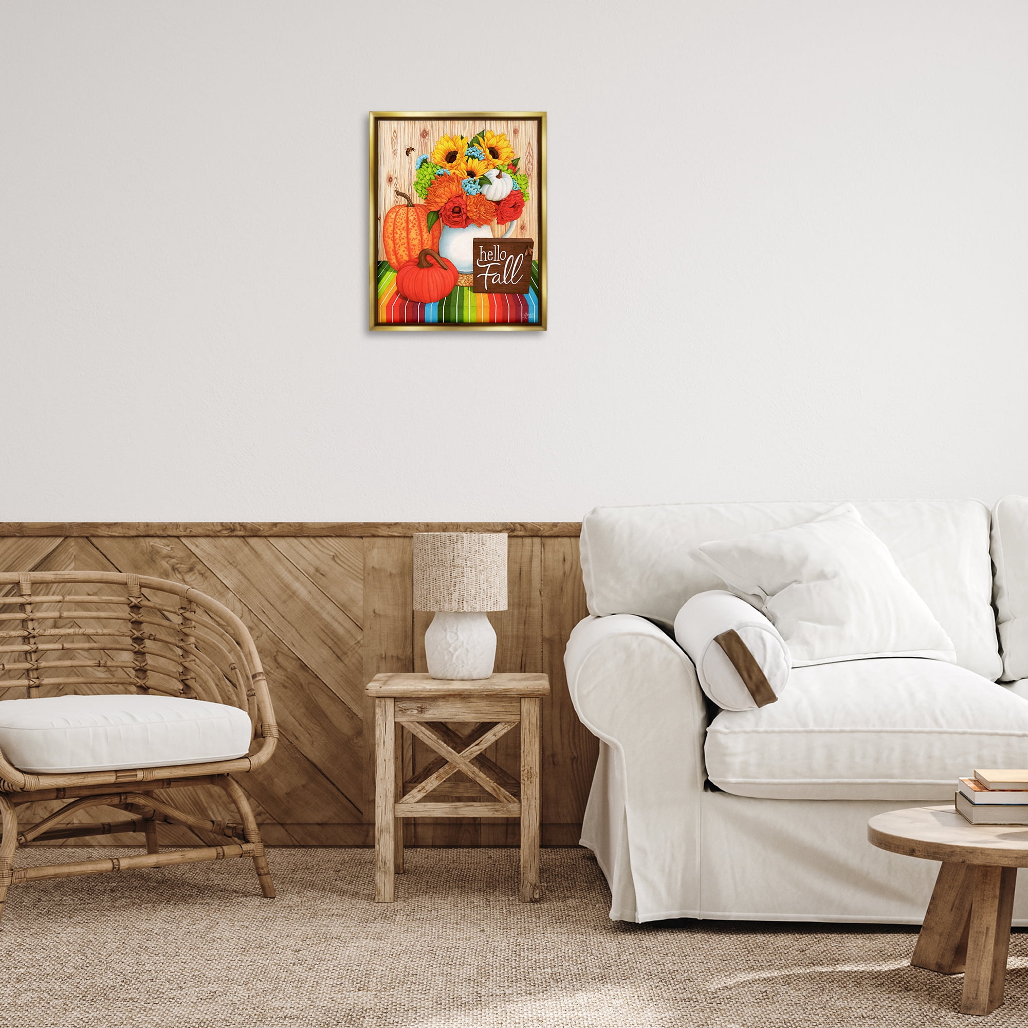 Stupell Industries Hello Fall Rainbow Pumpkins Holiday Painting Gold Floater Framed Canvas Art Prints Wall Art, 17 x 21