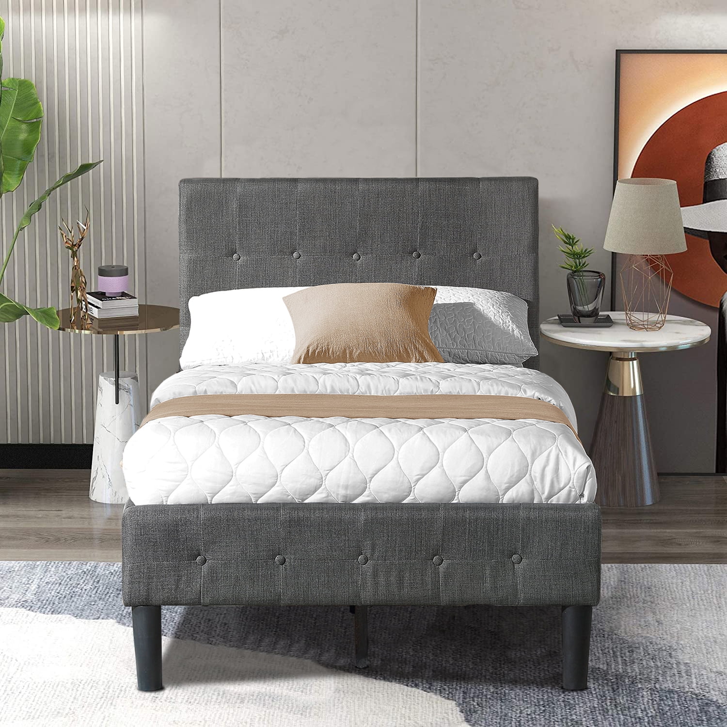 PU Upholstered Platform with Twin Size Bed Tufted Headboard For Kid's Bedroom 