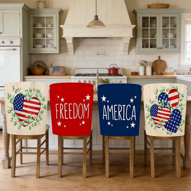 YiJuHui Independence Day Chair Covers Set of 4, Patriotic Chair Back Covers for Kitchen Dining Room Decor, July 4th Memorial Day Party Decorations, Washable Chair Covers for Home Holiday Celebration