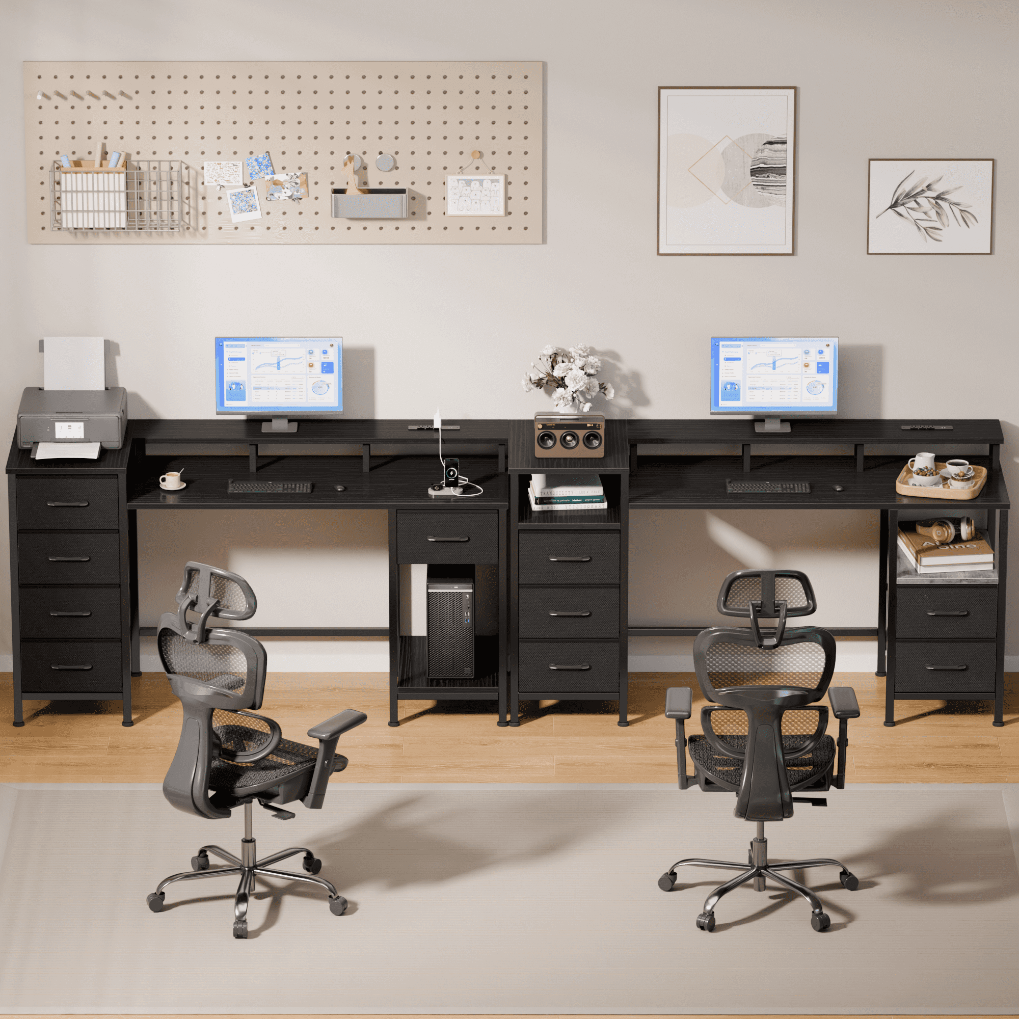 Satifur Gaming Desk with LED Lights & Power Outlets, 47" Computer Desk with 5 Fabric Drawers & Open Storage, Reversible Home Office Desk,Black