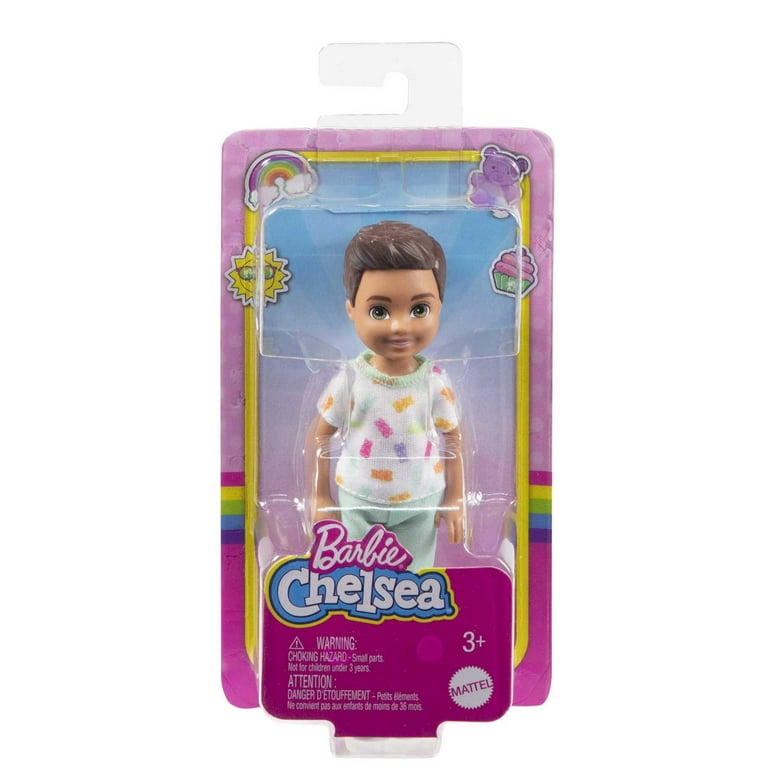 Barbie Chelsea Doll Small Boy Doll with Brown Hair Blue Eyes Wearing Removable Gummy Bear Outfit 5.47 in