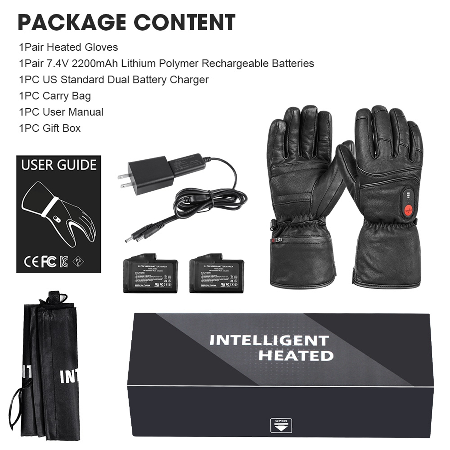 Sun Will Heated Thermal Gloves for Men and Women，2200mAh Rechargeable Battery Ski Mitterns Black XS-3XL