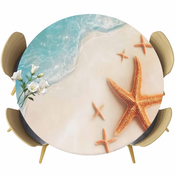 Ocean Beach Round Fitted Table Cover Coastal Starfish Summer Nautical Waterproof Table Cloth with Elastic Edge Wipeable Tablecloth for Picnic Camping Party Fits 55"-60" Diameter