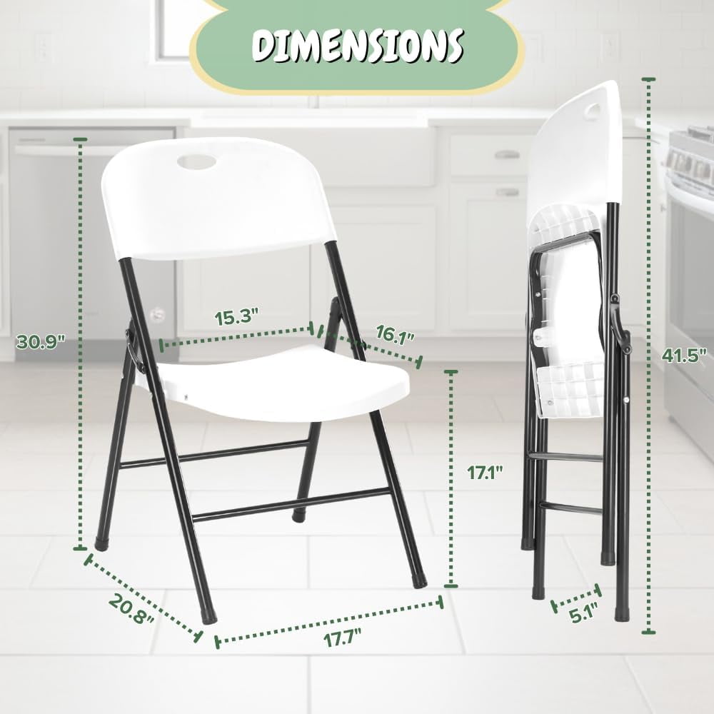 CycloneSound Heavy Duty Plastic Folding Chairs, 300 lb Capacity, Portable Foldable Chairs for Events, Patio, Weddings, Indoor/Outdoor, White (8 Pack)
