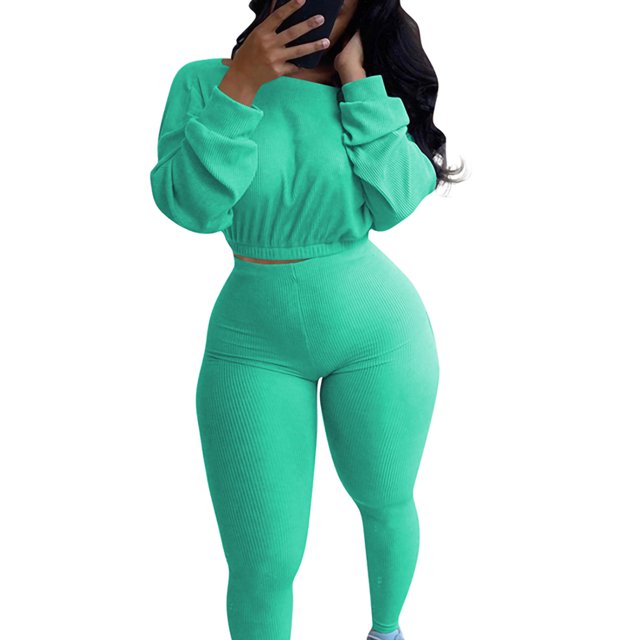 LUXUR Ladies Elastic Waist Sweatsuits Cropped Running Two Piece Outfit Cyan S