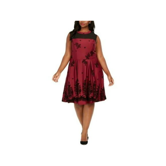 LOVE SQUARED Womens Burgundy Sheer Patterned Sleeveless Jewel Neck Knee Length Evening Fit Flare Dress Plus 1X