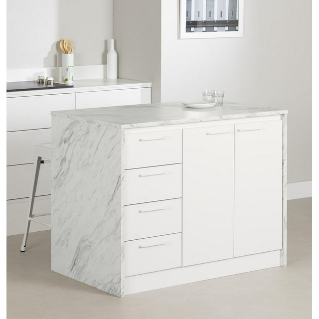 South Shore Myro Kitchen Island with Storage, in Faux White Marble and White