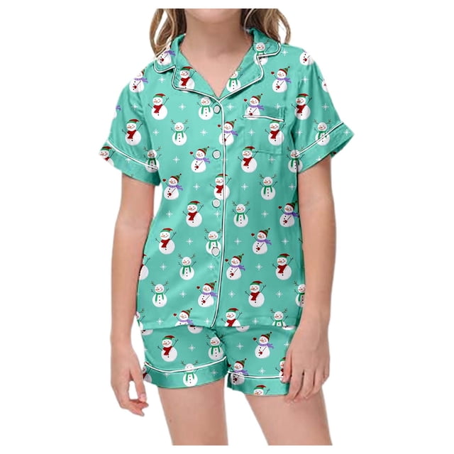 GDREDA Pyjamas pour Filles Ensemble de Pyjama de Noël à Imprimé Classique Col Boutonné Manches Courtes & Shorts (Violet Clair, 10-11 Ans)