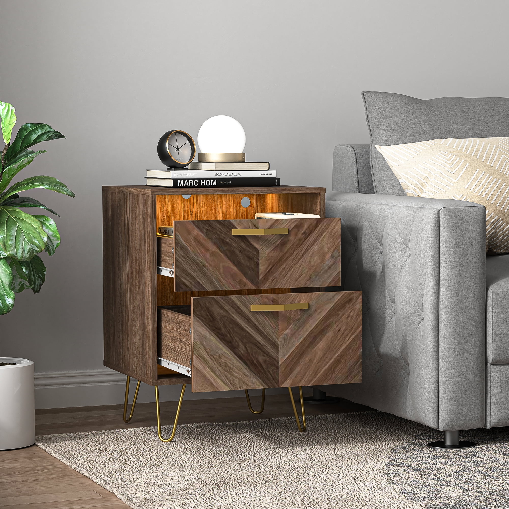 Finihen 24" Tall Nightstand with 2 Drawers, End Table Dual Night Stand with Metal Legs and LED Lights for Bedroom Living Room, Brown