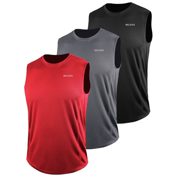 NELEUS Mens 3 Pack Muscle Workout Tank Top for gym Running,5042,Black,grey,red,XL,EU 2XL