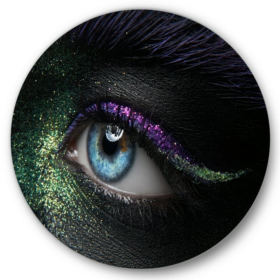 Designart 'Woman Eyes With Green & Purple Pigment & Sparkles' Modern Circle Metal Wall Art 36x36 - Disc of 36