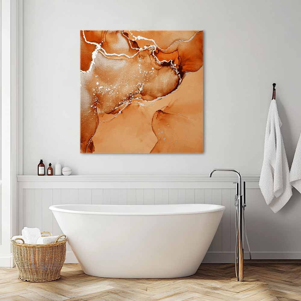 Burnt Orange Abstract Canvas Wall Art, Silver Marble Ripples Luxury Fluid Art Framed Wall Decor Modern Artwork Prints Painting for Living Room, Bedroom, Kitchen & Cafe Decor 16x16 Inch