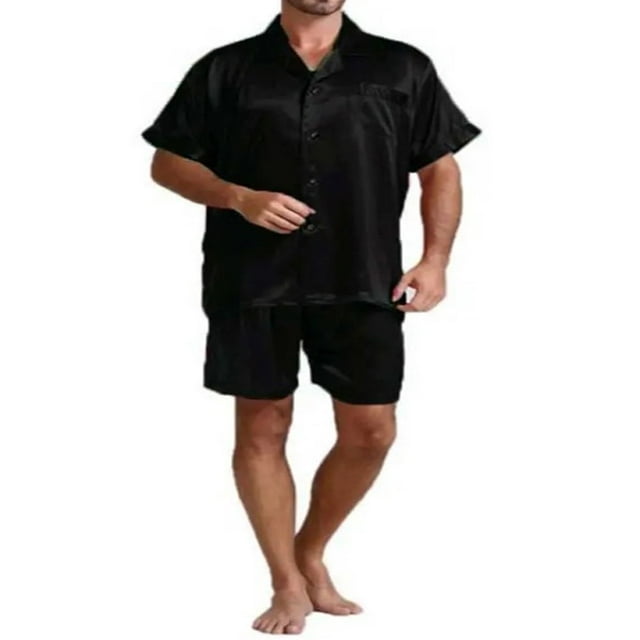 Men Summer Pajamas Set Solid Color Button Top+Short Pants Sleepwear
