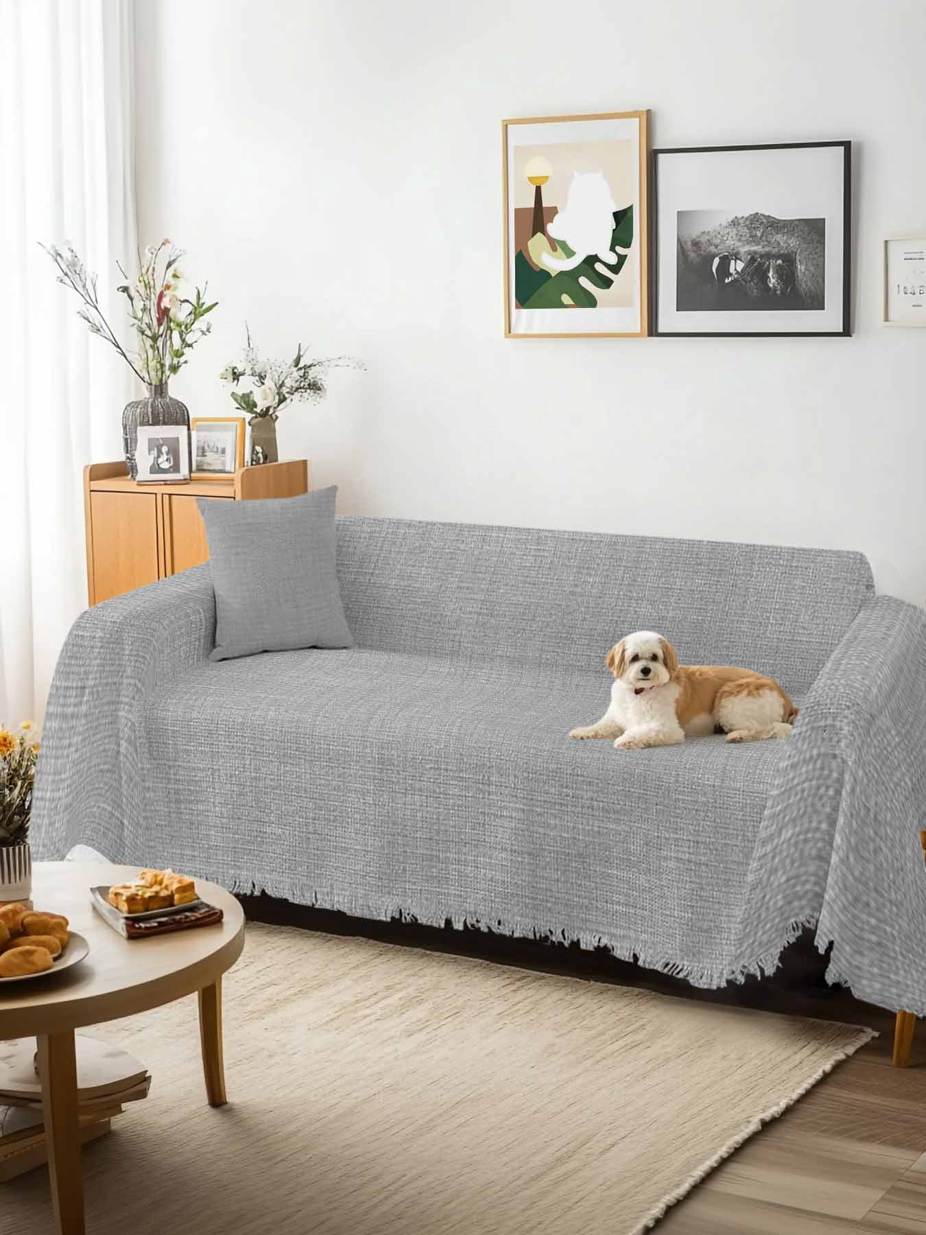 Grey Burlap Texture Sofa Covers for 2-3 Cushion Couch L-Shaped Sectional, Farmhouse Vintage Gray Washable Sofa Covers Slipcover for Living Room Furniture, Couch Cover Blanket 71"x134"