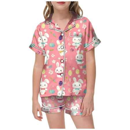 Rhuody Boy Easter Outfits Short Sleeve Sleepwear Lapel Tops Pants Button Down Cartoon Prints Homewear Adorable Clothes Pink 12-13 Years
