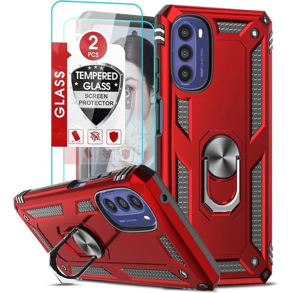 Moto G 5G 2022 Phone Case, Bumper with Magnetic Kickstand, Red, Military-Grade Protection, Includes 2 Tempered Glass Screen Protectors