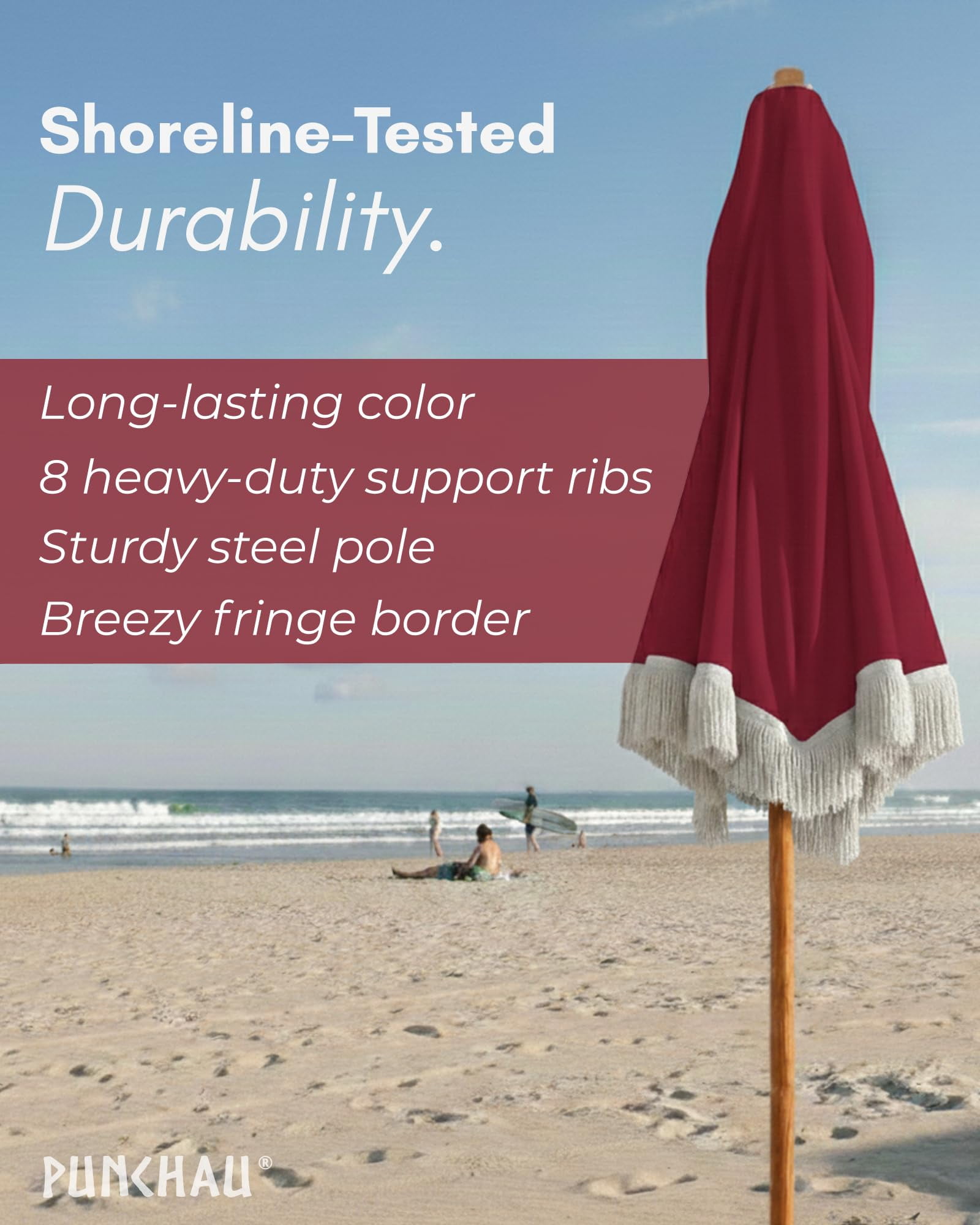 Punchau 6 Ft Fringe Patio Umbrella - Outdoor Umbrella for Patio, Pool, Table, Garden, Deck, & Beach - Push Button Tilt Pole - Fashionable Boho Vintage Tassels & Wood Print - Wine Red