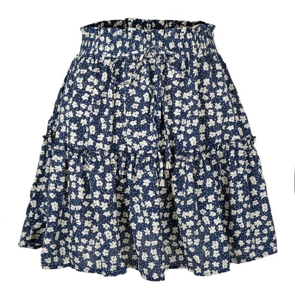 Vedolay Skirts for Women Floral Print High Waist Ruffle Tiered Mini Skirt,Blue XL
